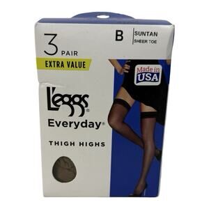 Leggs L'eggs Everyday Thigh Highs Sheer Toe Suntan Size B 3 Pairs *Discontinued